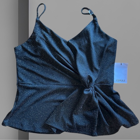 Cerule Tops - Side Twist Peplum Cami Tank Top Black Sparkle Lurex Knit Adjustable Straps